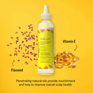 Bottle of E-Blast hair and scalp treatment with flaxseeds and vitamin E on a yellow background