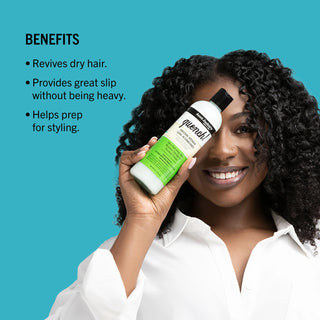 Woman holding a bottle of hair product with text listing benefits on a blue background