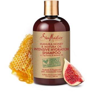 SheaMoisture shampoo bottle with honeycomb and fig on a white background