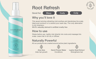 Boucléme Root Refresh hair product with text on a beige background