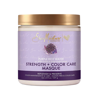 Shea Moisture Purple Rice Water Strength + Color Care Masque jar on a white background