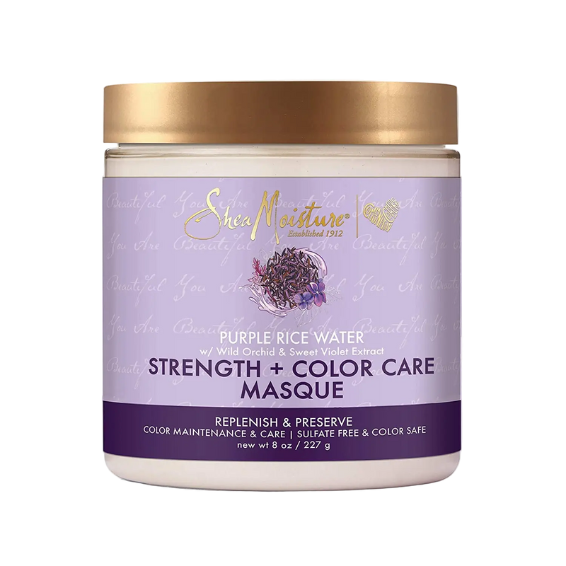 Shea Moisture Purple Rice Water Strength + Color Care Masque jar on a white background