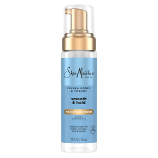 SheaMoisture hair mousse bottle with blue label on a white background