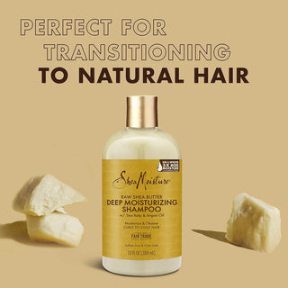Shea Moisture Raw Shea Butter Deep Moisturizing Shampoo bottle on a beige background with text about transitioning to natural hair.