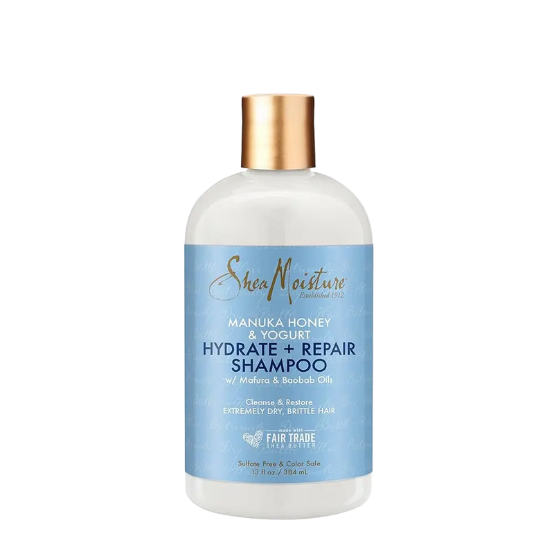 SheaMoisture shampoo bottle with blue label on a white background