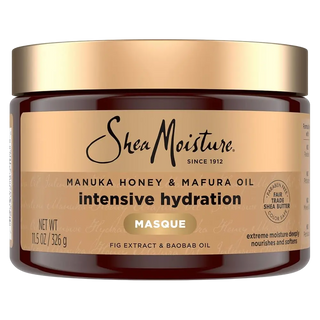 Shea Moisture intensive hydration masque jar with gold lid on a white background