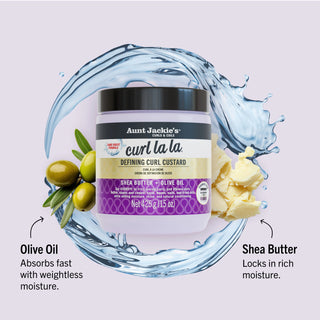 Aunt Jackie's Curl La La Defining Curl Custard jar with olive oil and shea butter graphics on a light purple background.