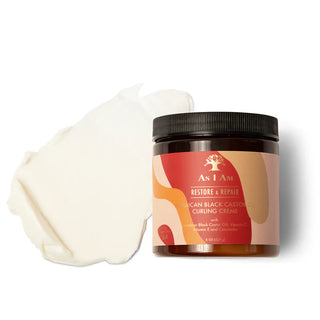 Jar of As I Am hair care product with a white glove on a white background