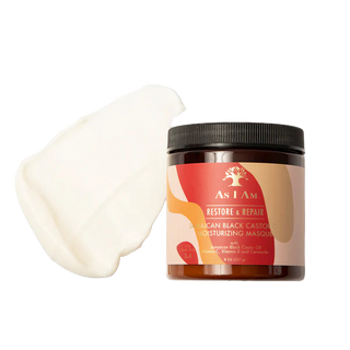 Jar of As I Am Restore & Repair Masque with a white applicator on a white background