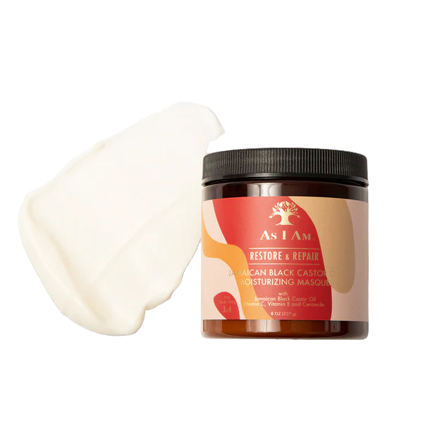 Jar of As I Am Restore & Repair Masque with a white applicator on a white background