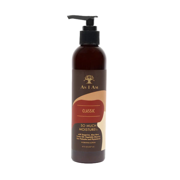 Bottle of 'As I Am' Classic So Much Moisture lotion on a white background