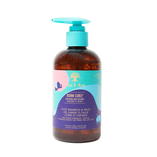 Bottle of 'Born Curly' shampoo and wash on a white background