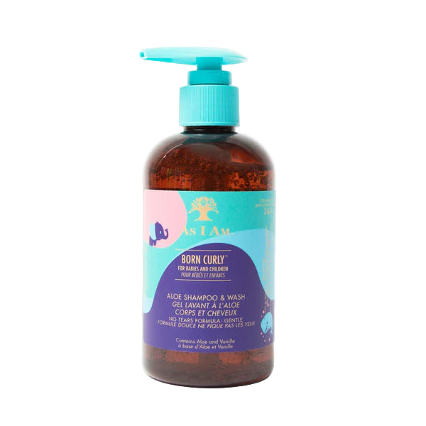 Bottle of 'Born Curly' shampoo and wash on a white background