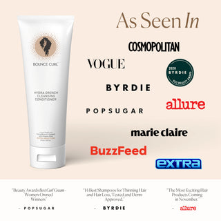 Bounce Curl Hydra Drench Cleansing Conditioner with media outlets' logos on a beige background