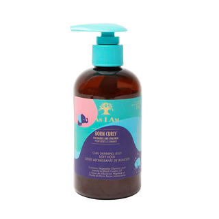 as i am born curly bottle of hair product with a blue pump on a white background