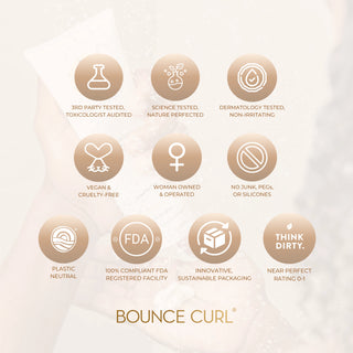 Bounce Curl product features with icons and text on a light background