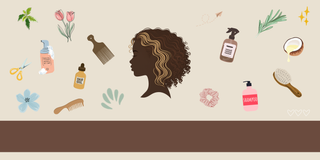 Silhouette of a woman with hair products and tools on a beige background