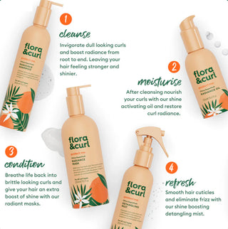flora & curl hair care product set with text on a white background