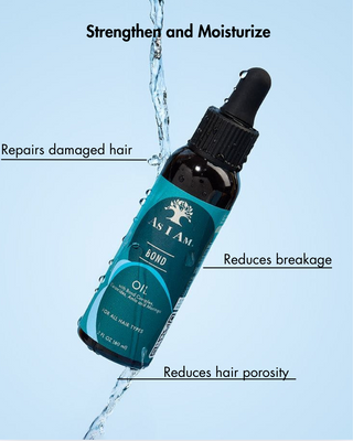 Teal bottle with dropper labeled 'As I Am' on a light blue background with water droplets.
