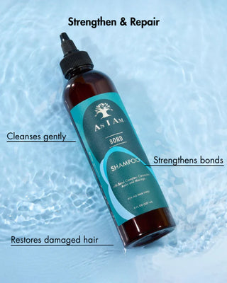 Shampoo bottle with blue label on a light blue water background