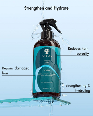 Bottle of As I AM bond water with text highlighting its benefits on a blue background