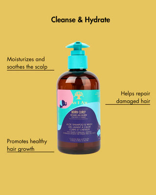 Bottle of Born Curly hair care product on a yellow background with text about its benefits.