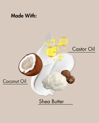 Ingredients used in a product displayed with coconut oil, shea butter, and castor oil.