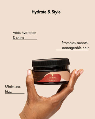 Hand holding a jar of hair product with text highlighting its benefits on a beige background