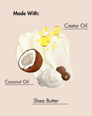 Ingredients used in a product on a beige background with coconut, shea butter, and castor oil depicted.