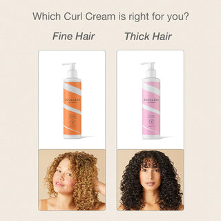 Two bottles of boucleme hair cream for fine and thick hair with corresponding hair types displayed.