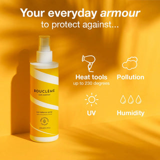 Boucleme hair spray bottle on a yellow background with text about its uses.