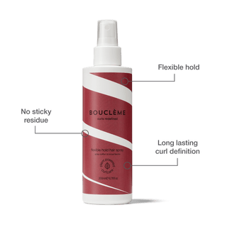 Boucleéme hair spray bottle with red and white design on a green background