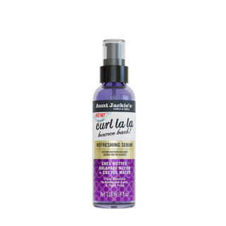 Aunt Jackie's Curl La La Bounce Back refreshing serum bottle with a Glamour Beauty & Wellness Award badge on a white background.