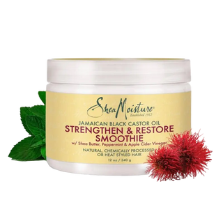SheaMoisture Jamaican Black Castor Oil Strengthen & Restore Smoothie jar with natural ingredients on a white background