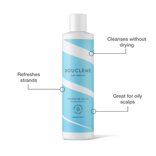 Boucleme hair cleanser bottle with features labeled on a white background