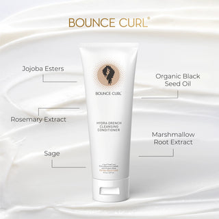 Bounce Curl Hydra Brench Cleansing Conditioner with ingredient labels on a white background