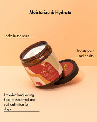 Jar of hair care product with text on a peach background