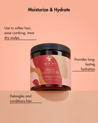 As I Am Jamaican Black Castor Oil moisturizing masque jar on a peach background with text about product benefits.