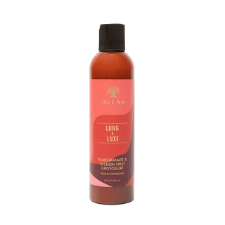 Bottle of 'Long & Luxe' hair product by As I Am on a white background