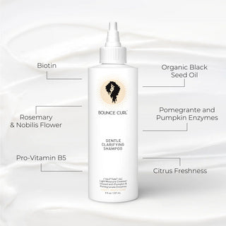 Bottle of Bounce Curl shampoo with labeled ingredients on a white background