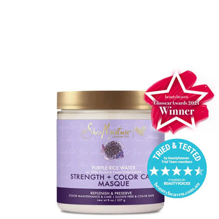 SheaMoisture purple rice water strength and color care masque jar with awards on a white background