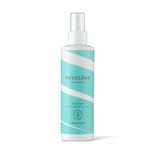Boucleme hair product bottle with blue and white design on a white background