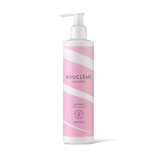 Bouclème curl cream bottle with pink and white design on a white background