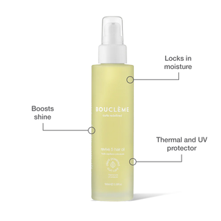 Boucleme hair oil bottle with features labeled on a white background