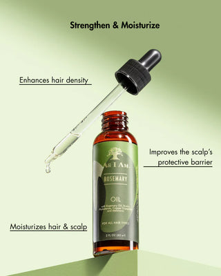 Bottle of Rosemary oil with dropper on a green background
