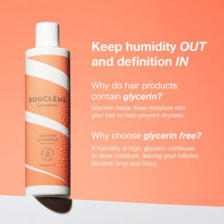 Bouclème hair product bottle with text on a peach background