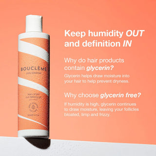 Boucleme hair product with text on a peach background