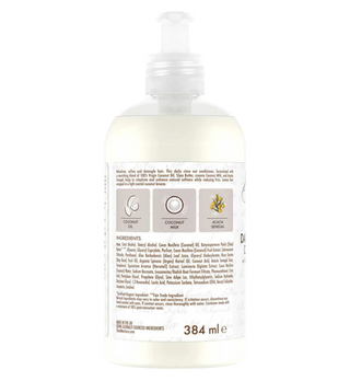 Bottle of haircare product with a label on a white background