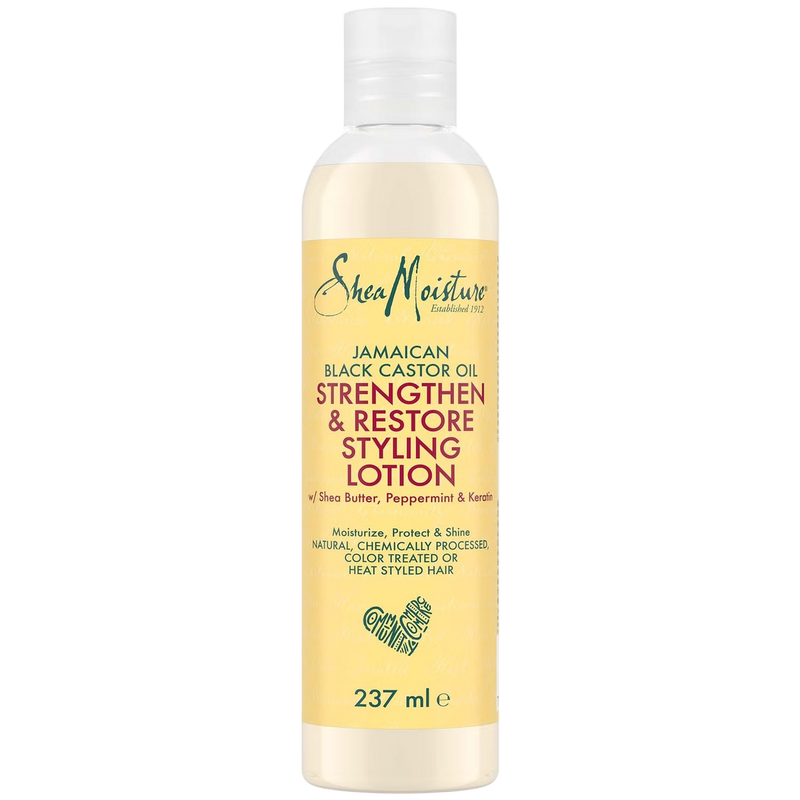 SheaMoisture Jamaican Black Castor Oil Strengthen & Restore Styling Lotion bottle on a white background