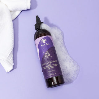 as i am rice water micellar shampoo with purple label on a purple background